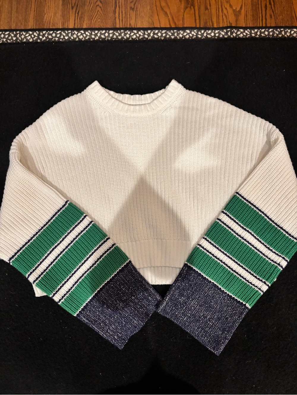 STAUD White Cropped Sweater with Green and Navy Stripe Sleeves
